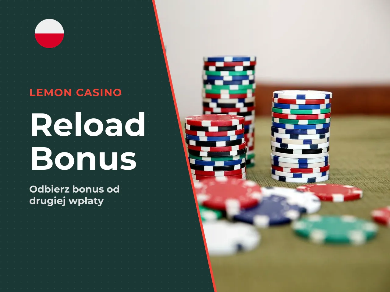 Cashback, reload i promocje cykliczne. **Reload bonus od drugiego depozytu:** Lemon Casino oferuje 100% do 1 500 PLN za złożenie drugiej wpłaty (min. 20 PLN bonusu) plus do 100 free spinów na grze Boo